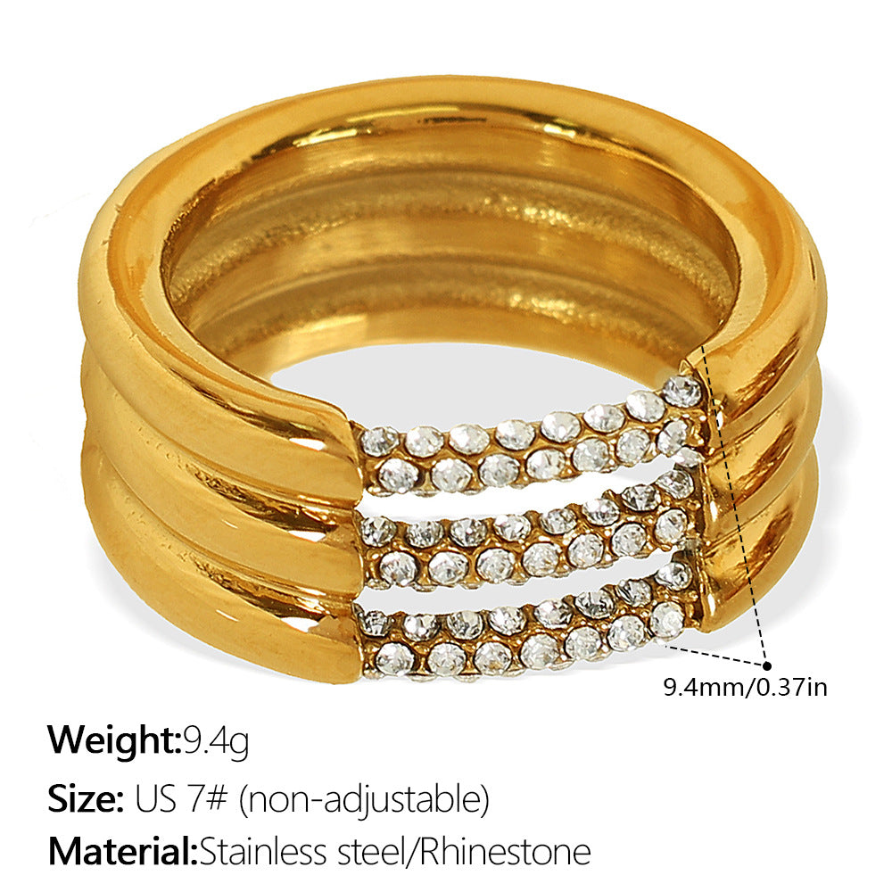 European and American Instagram influencer's multi-layer ring plated with 18K gold and inlaid with rhinestones, the ring will not fade