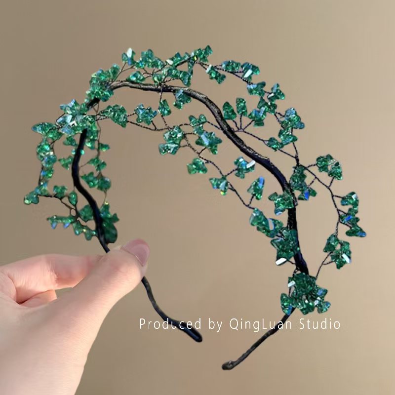 Korean Sweet Green Crystal Hair Bracelet Exquisite Weaving Beaded Hair Accessories