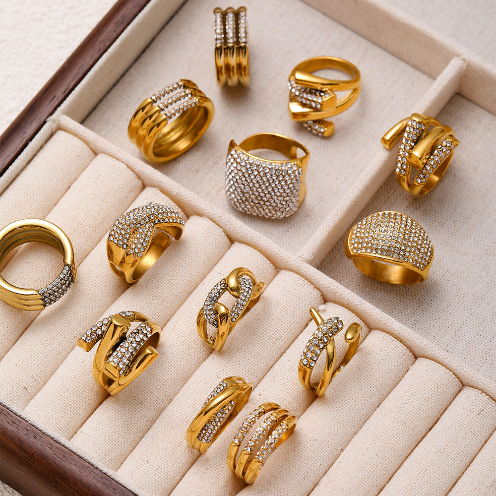 European and American Instagram influencer's multi-layer ring plated with 18K gold and inlaid with rhinestones, the ring will not fade