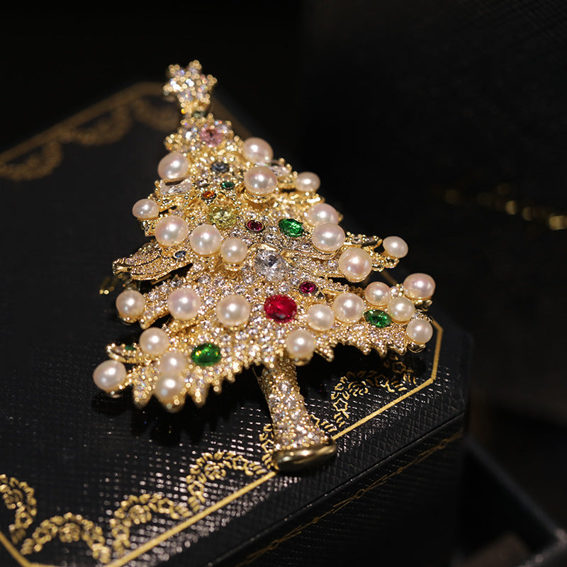 Original natural pearl copper zircon Christmas tree chest flower brooch Christmas gift