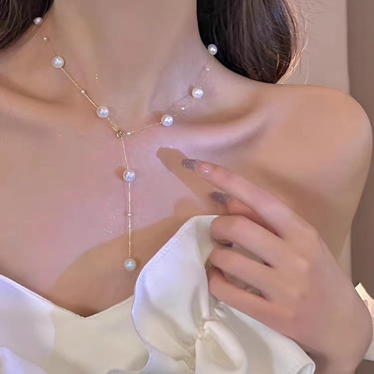925 silver starry sky pearl necklace sweater chain versatile temperament light luxury collarbone chain