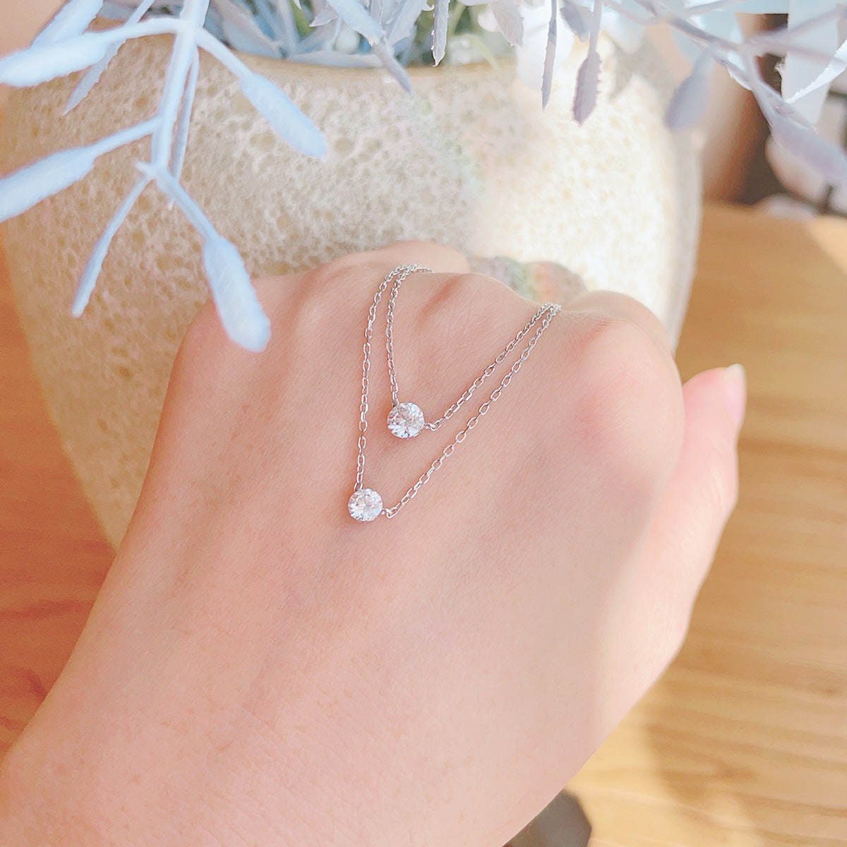 Agete simple round claw free diamond necklace 925 sterling silver gold-plated 10/20/30 layered collarbone chain