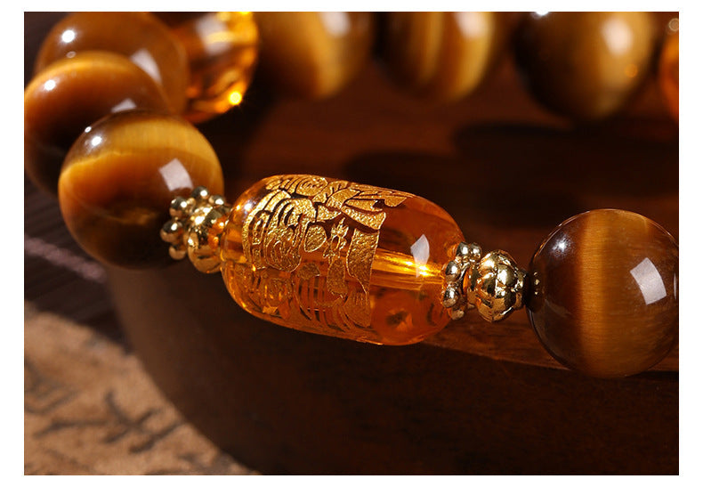 Five Road God of Wealth Natural Yellow Tiger Eye Stone Hand String Six Character Mantra Bracelet Fashion Gift