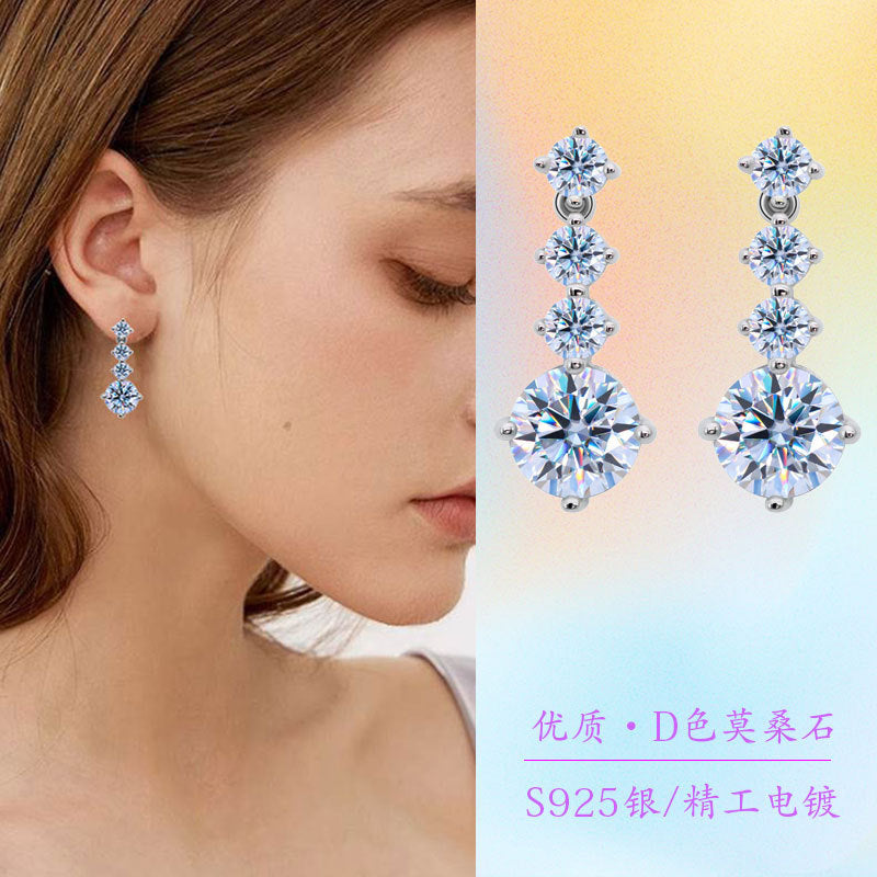 Moissanite earrings silver needle temperament heavy industry long S925 pure silver pulsating heart round summer style.