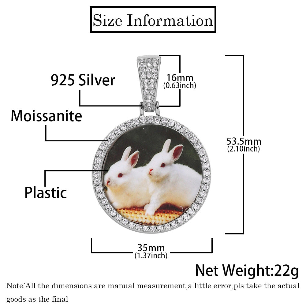 Hip hop S925 sterling silver moissanite round photo frame pendant, personalized accessory, men's necklace