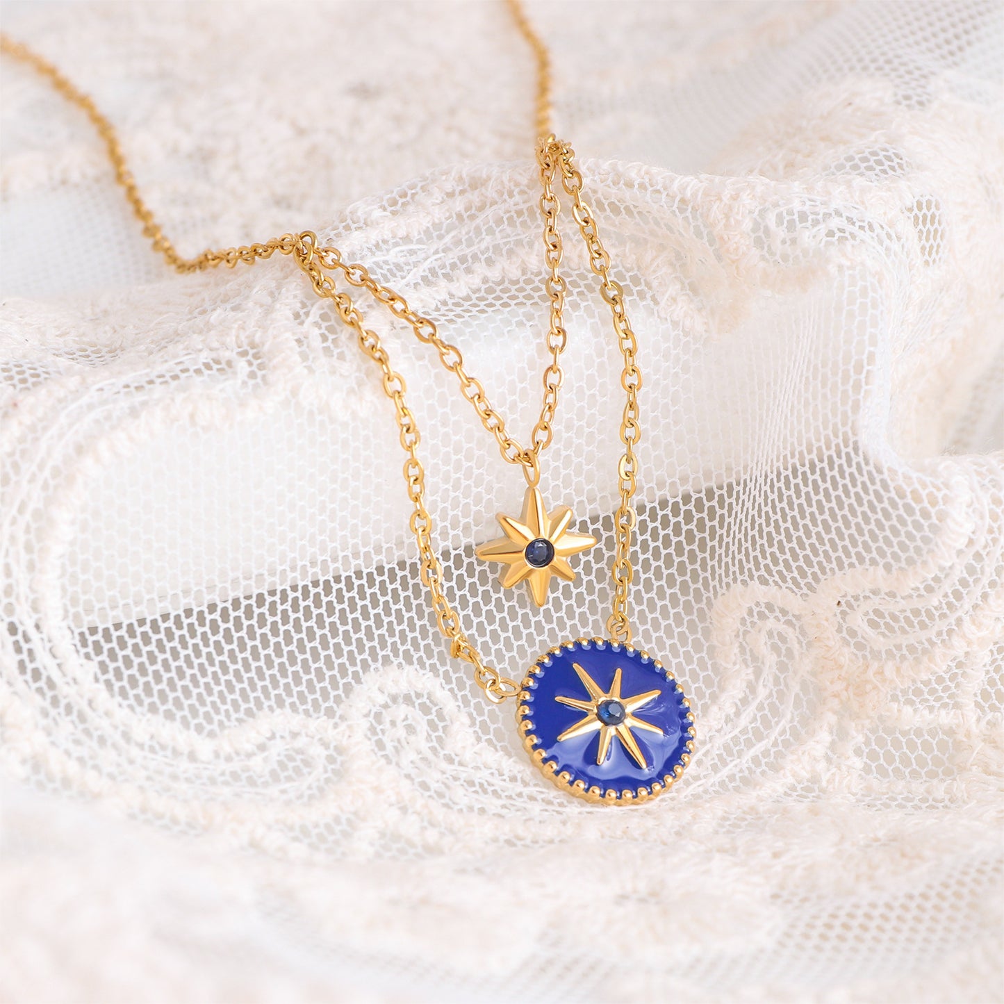 Titanium steel necklace, compass, eight pointed star necklace, Roman retro style, double-layer layered collarbone chain