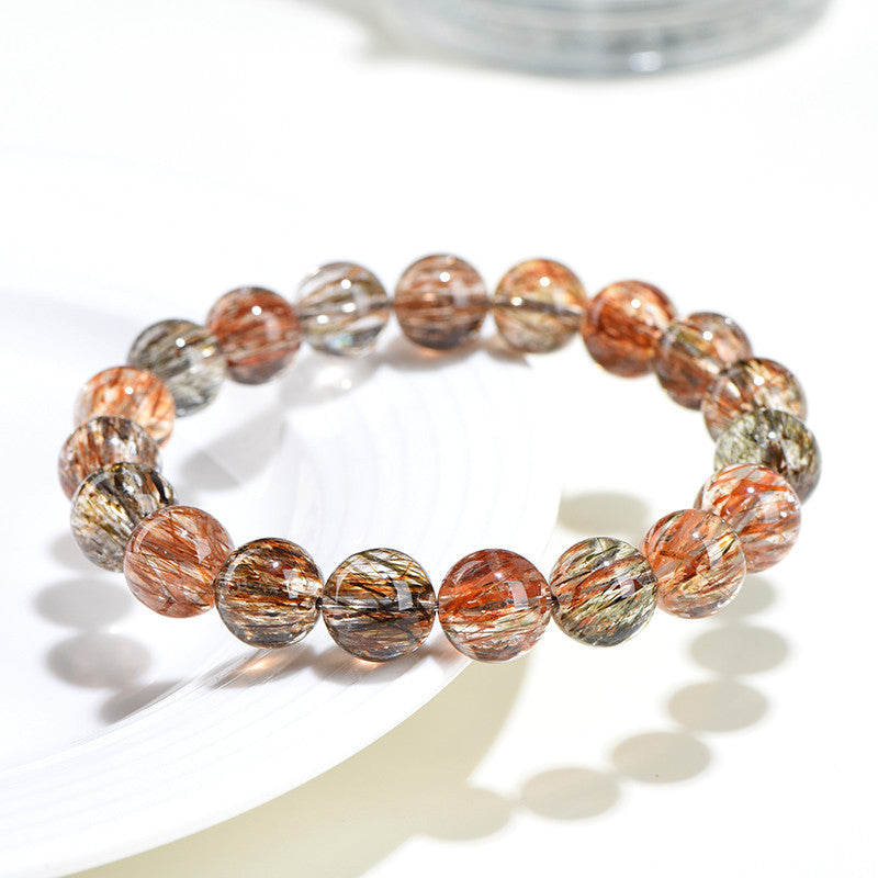 Jiuya Crystal Natural 7A Grade Straight Hair Black Gold Super Seven Round Bead Bracelet