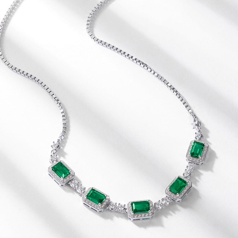 New cultivated emerald collarbone chain S925 silver inlaid colorful treasure full diamond necklace European and American retro style