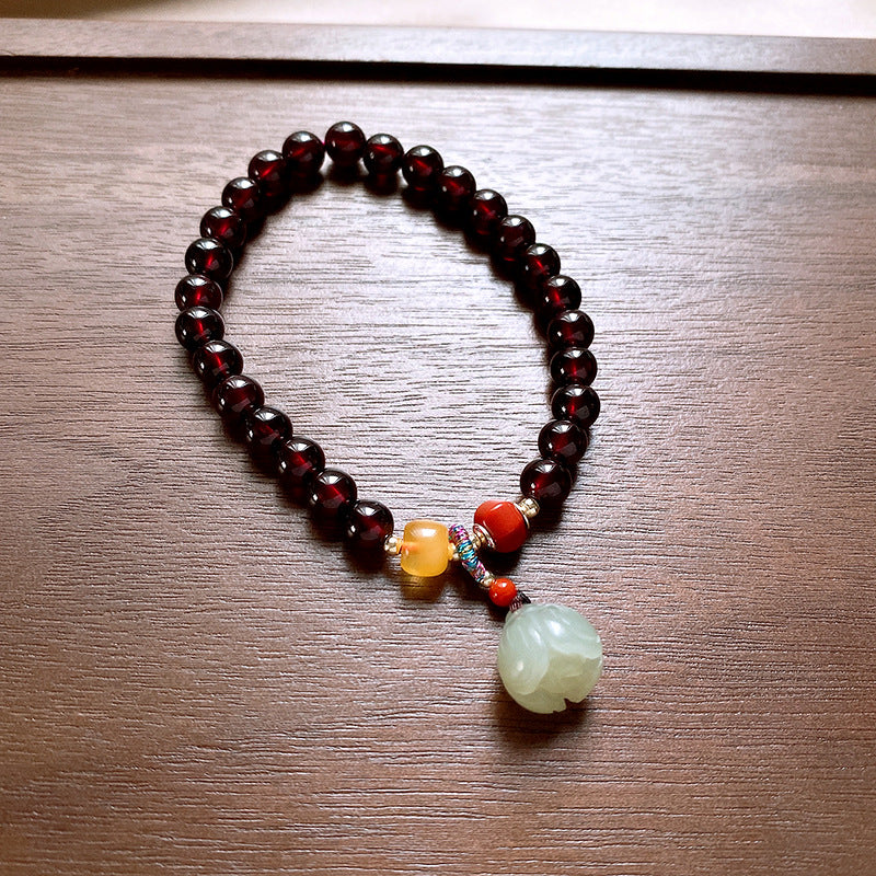 Bracelet Hetian Jade Lotus Garnet Bearwax Bear Elastic Bracelet