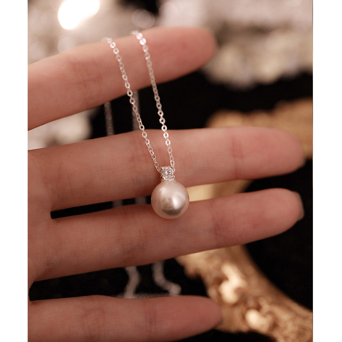 S999 Shijia pearl necklace niche design necklace single pearl collarbone chain silver chain jewelry