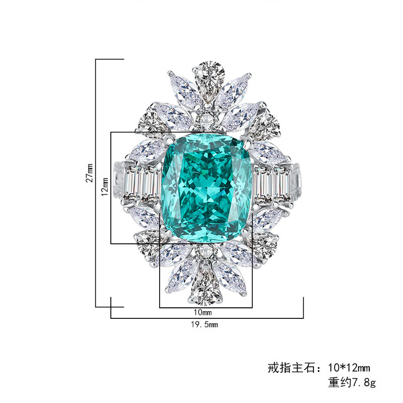 S925 Full body Silver Colored Jewelry Simulation Tourmaline Paraiba Bikou Handmade Ring 10 * 12