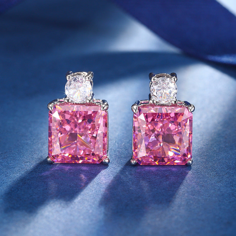 New Zhuangsheng Jewelry High Carbon Diamond Ice Flower Cut Copper Set with Princess Pink Diamond Set 12 * 12-10 * 10