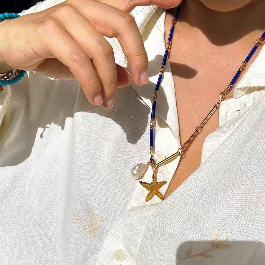 Summer vacation style blue starfish necklace, women's commuting bamboo necklace, simple and versatile, imitation Baroque pearl pendant