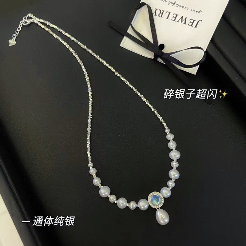 S925 pure silver necklace, aquamarine pendant accessory, natural freshwater pearl collarbone chain