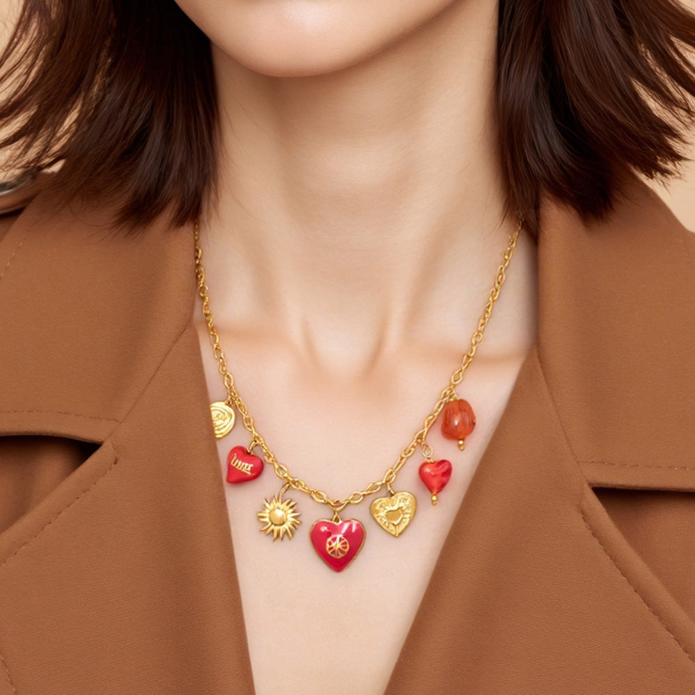 Stainless steel necklace peach heart sun shaped pendant collarbone chain
