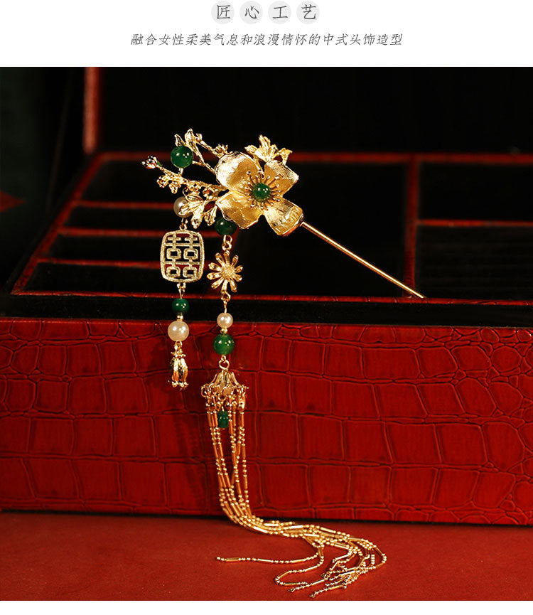 New Chinese style headwear, green bamboo hairpin, phoenix hairpin necklace, earrings, paired hairpin, swaying step by step