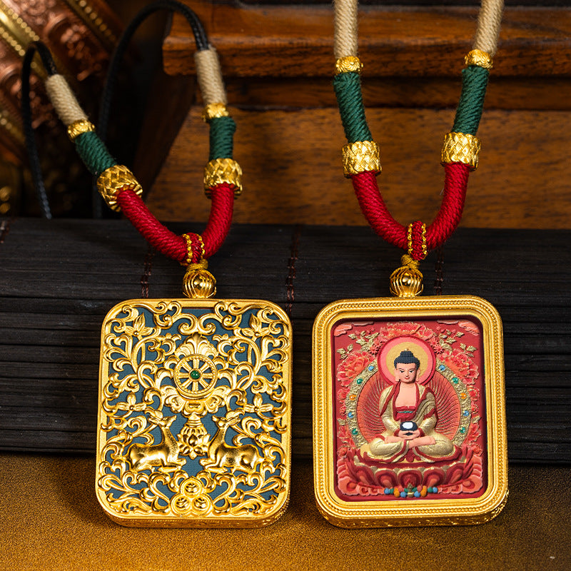 Green Tara Zakhilam Fifth Master's Past and Present Lives Necklace Hand drawn Tangka Brass Necklace