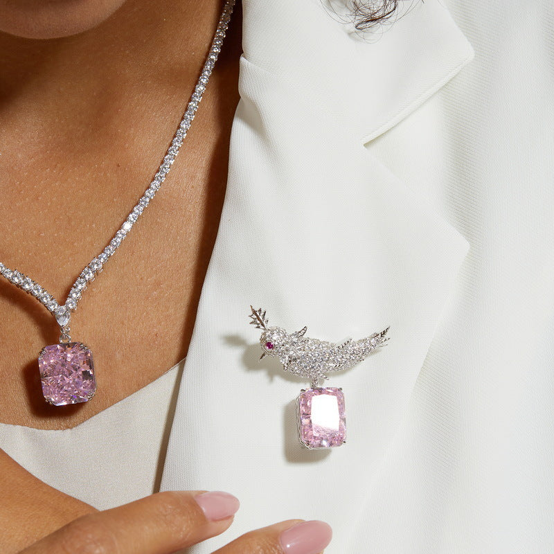 European and American S925 silver bird brooch women's ice flower cut high carbon diamond clothing accessories exquisite luxury versatile