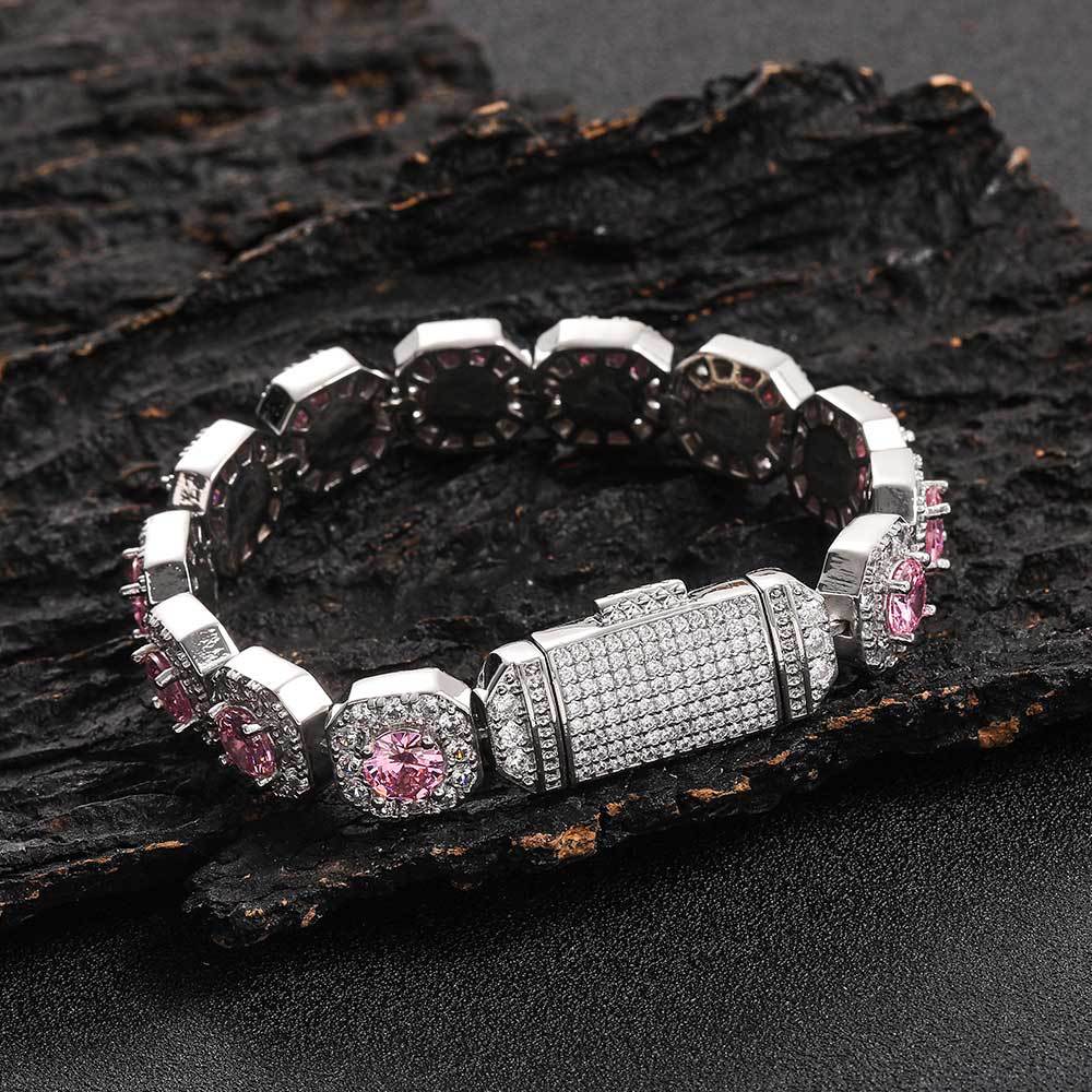 European and American trendy brand colored zircon bracelet 12mm flip button rock sugar chain hip-hop men's bracelet accessory