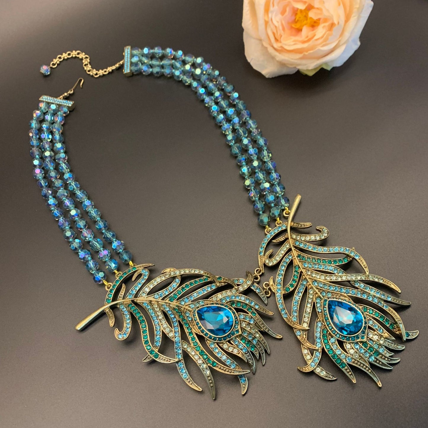 New feather style diamond inlaid multi-layer string glass necklace retro palace style earrings
