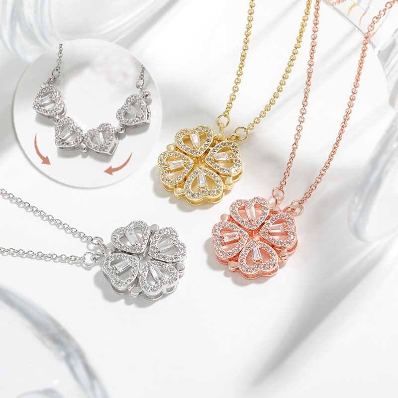 S925 pure silver heart-shaped clover necklace with flowers full of diamonds, light luxury style collarbone chain, a two piece jewelry