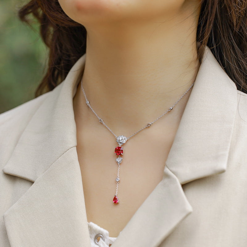 Simulated rose cultivation red treasure long necklace S925 silver inlaid colorful treasure necklace fashionable light luxury