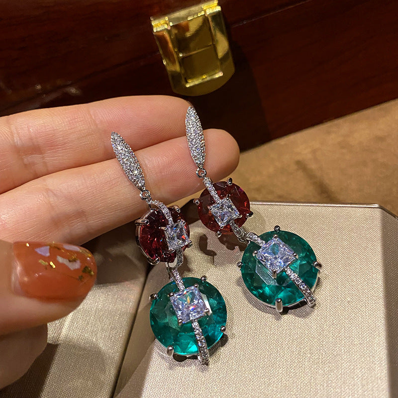 Micro inlaid with two colorful crystals, versatile silver needle earrings
