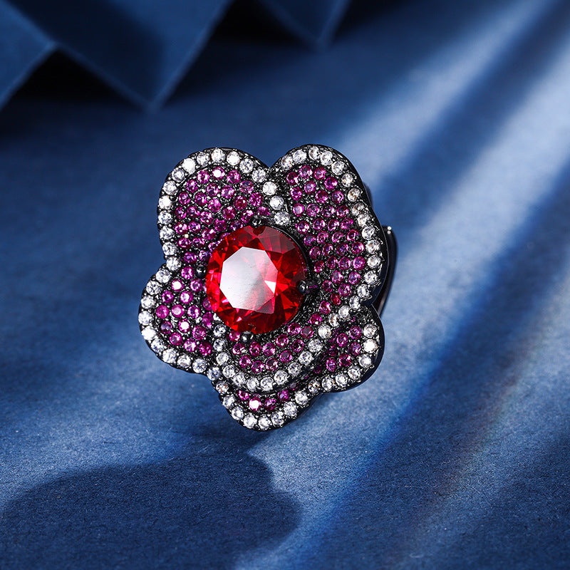 earrings New jewelry gold-plated copper base simulated red corundum flower black gold set