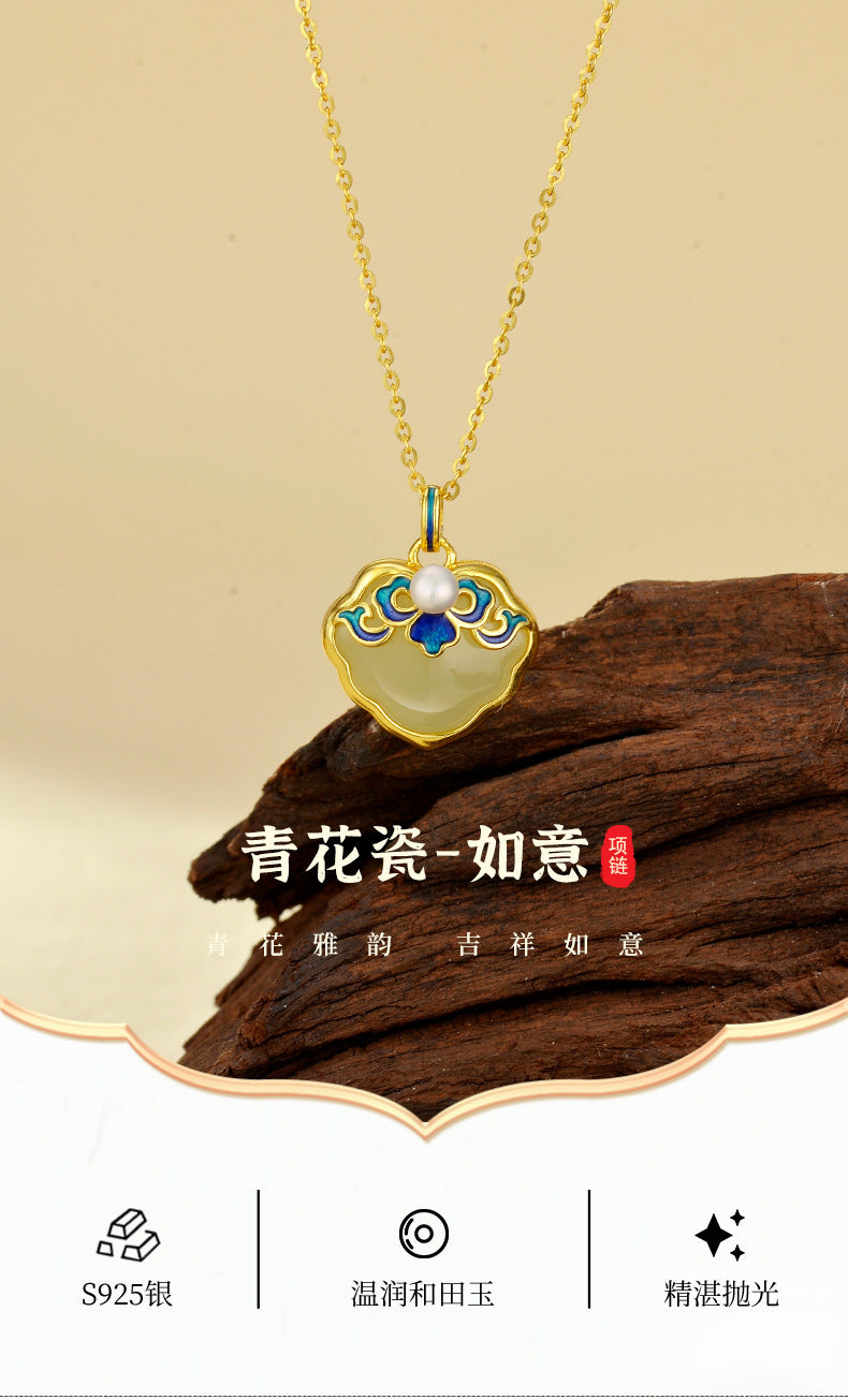 Blue and white porcelain baking varnish wishful item S925 sterling silver natural Hotan Jade pendant advanced clavicle chain