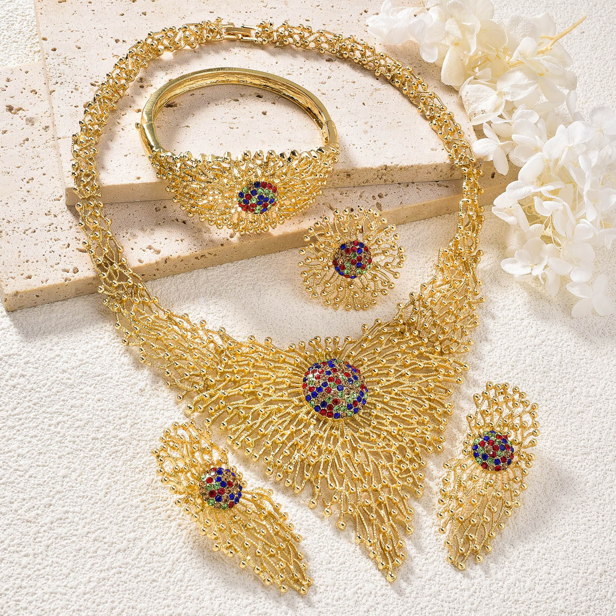 European and American Dubai 18K inlaid rhinestone necklace, earrings, rings, bracelets, jewelry set