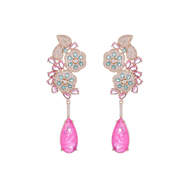 New Palace style Micro inlaid Colorful Treasure Flower Earrings s925 Silver Needle Earrings
