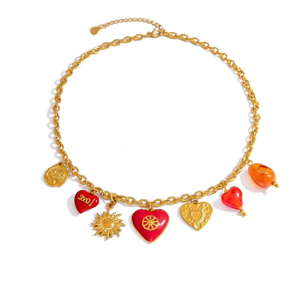 Stainless steel necklace peach heart sun shaped pendant collarbone chain