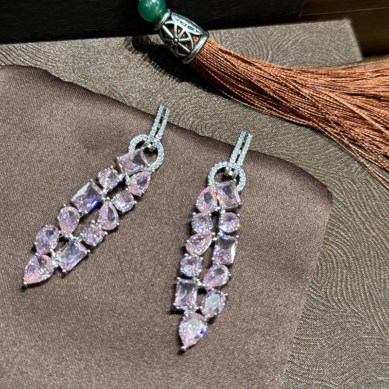 Pink square diamond water drop diamond zircon buckle earrings