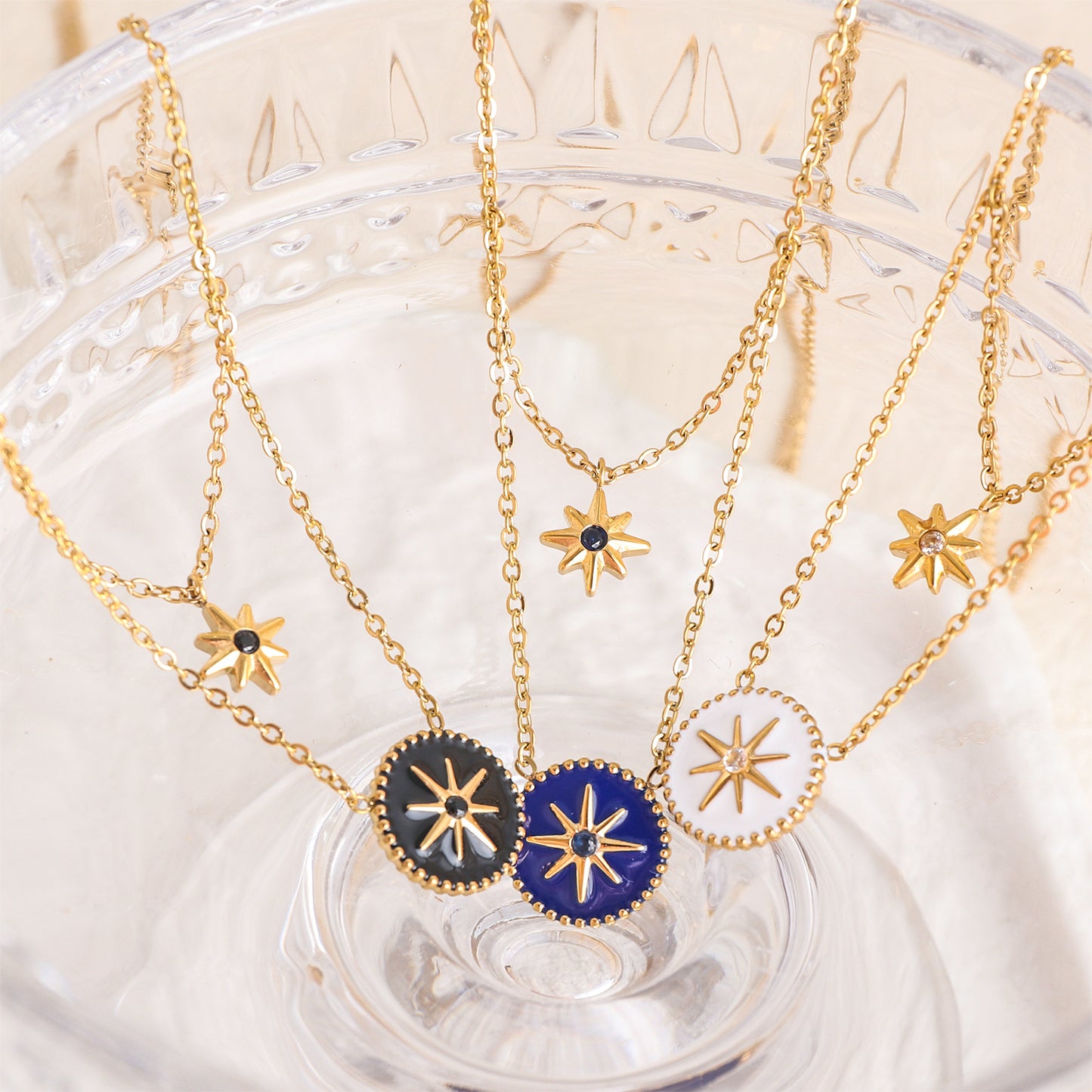 Titanium steel necklace, compass, eight pointed star necklace, Roman retro style, double-layer layered collarbone chain