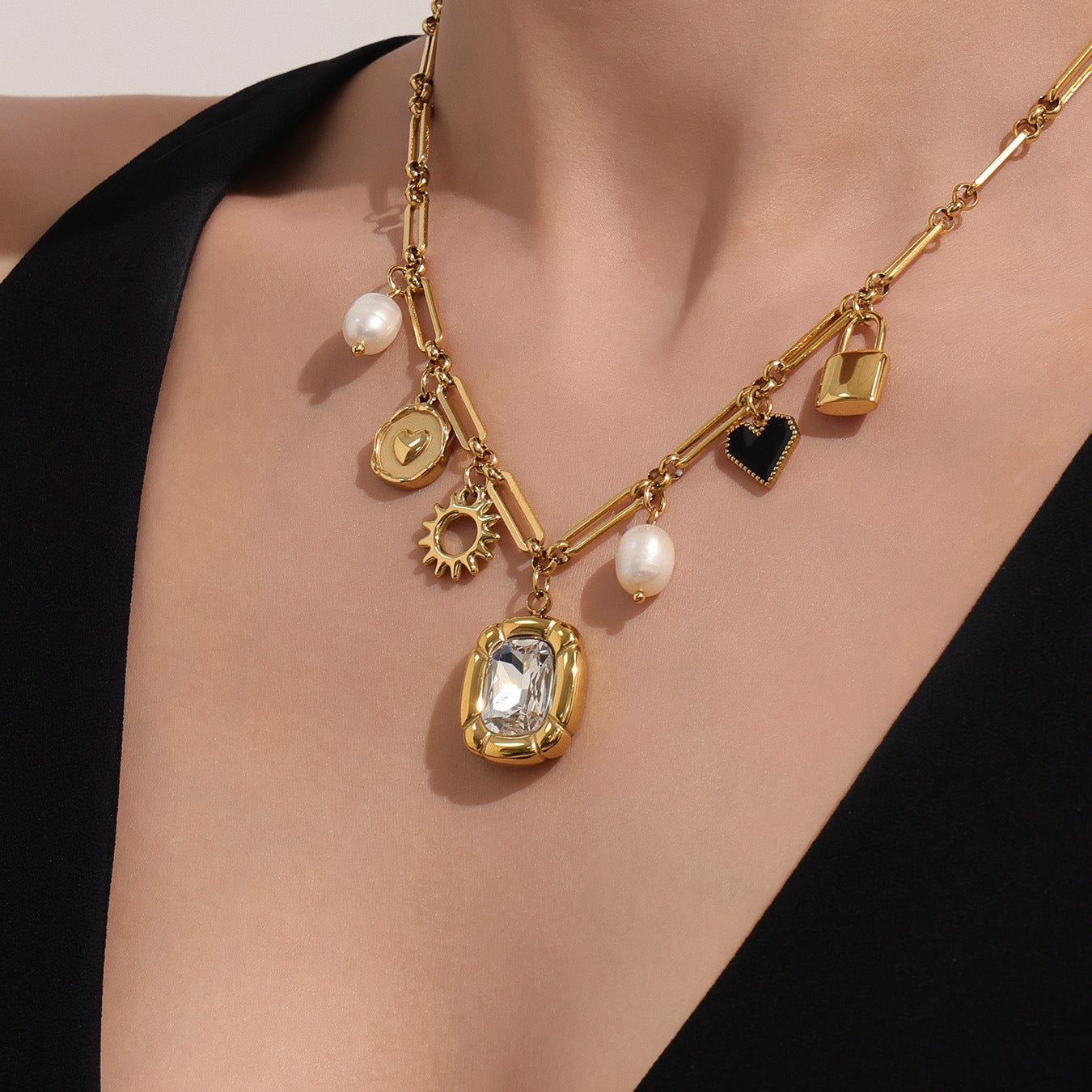 Love Block Zircon DIY Multi accessory Necklace Fashion Personality Freshwater Pearl 18k Real Gold Jewelry