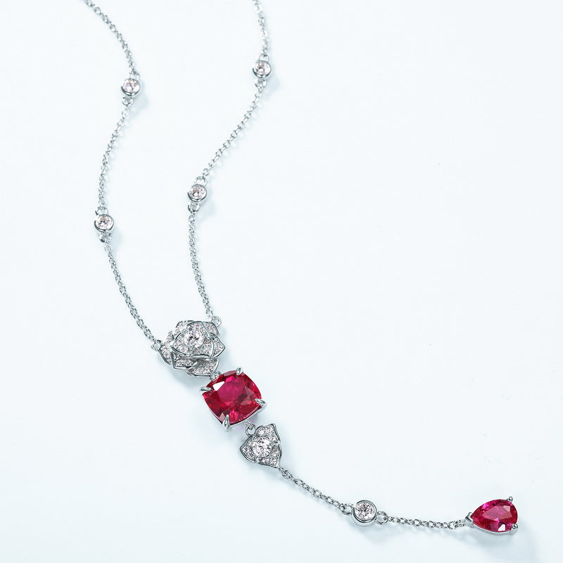 Simulated rose cultivation red treasure long necklace S925 silver inlaid colorful treasure necklace fashionable light luxury
