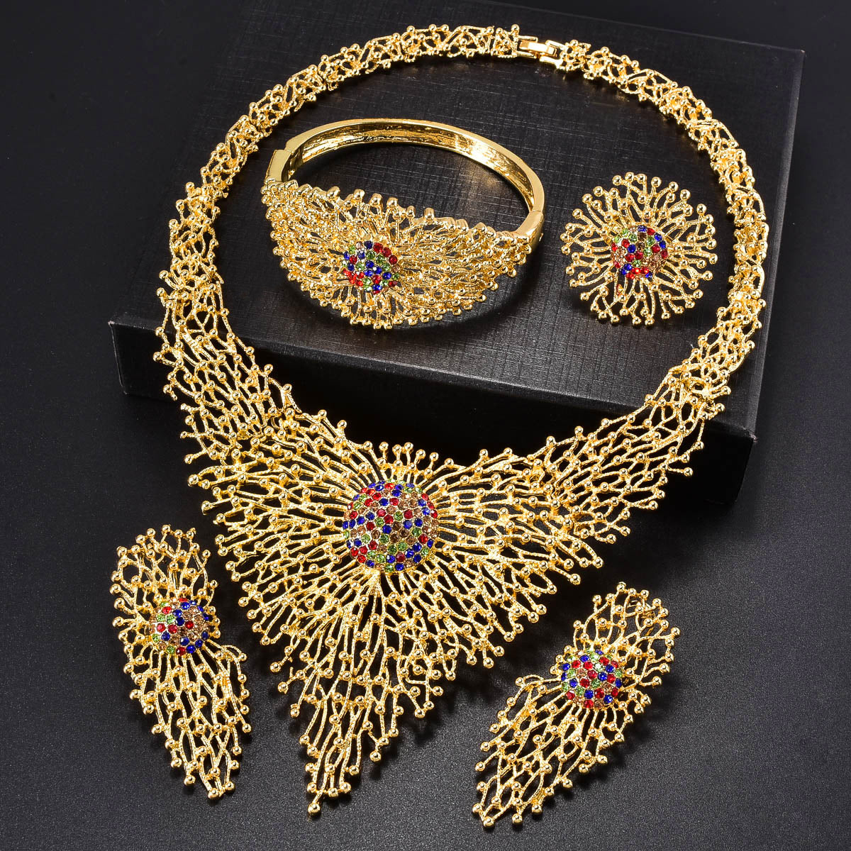 European and American Dubai 18K inlaid rhinestone necklace, earrings, rings, bracelets, jewelry set