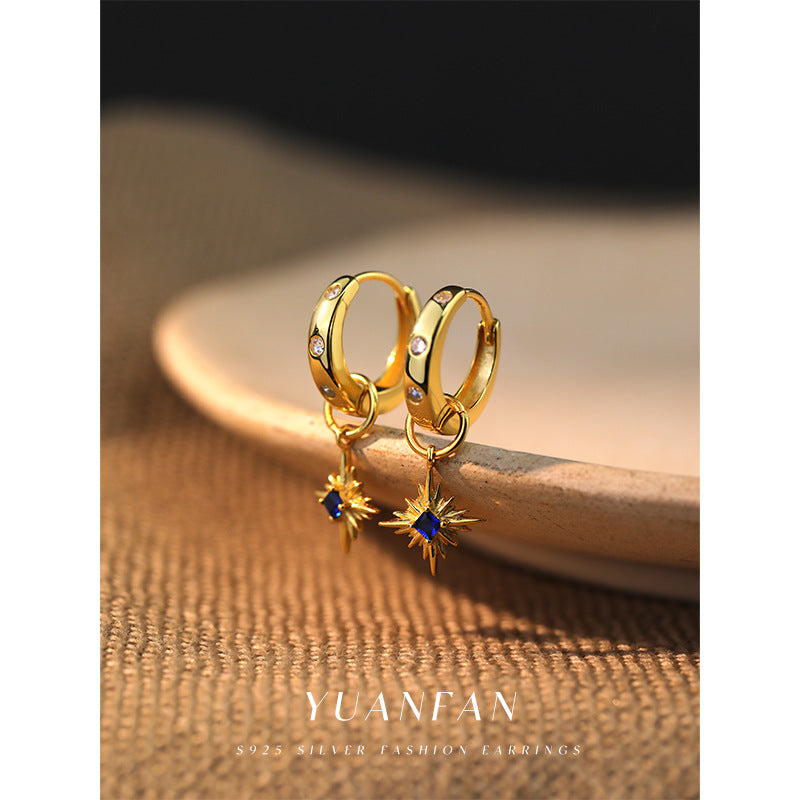 Yuanfan 925 sterling silver fashionable retro sapphire earrings ins European and American star zircon earrings fashion accessories