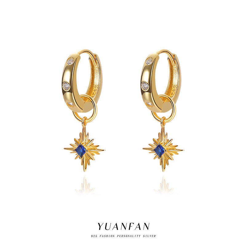 Yuanfan 925 sterling silver fashionable retro sapphire earrings ins European and American star zircon earrings fashion accessories