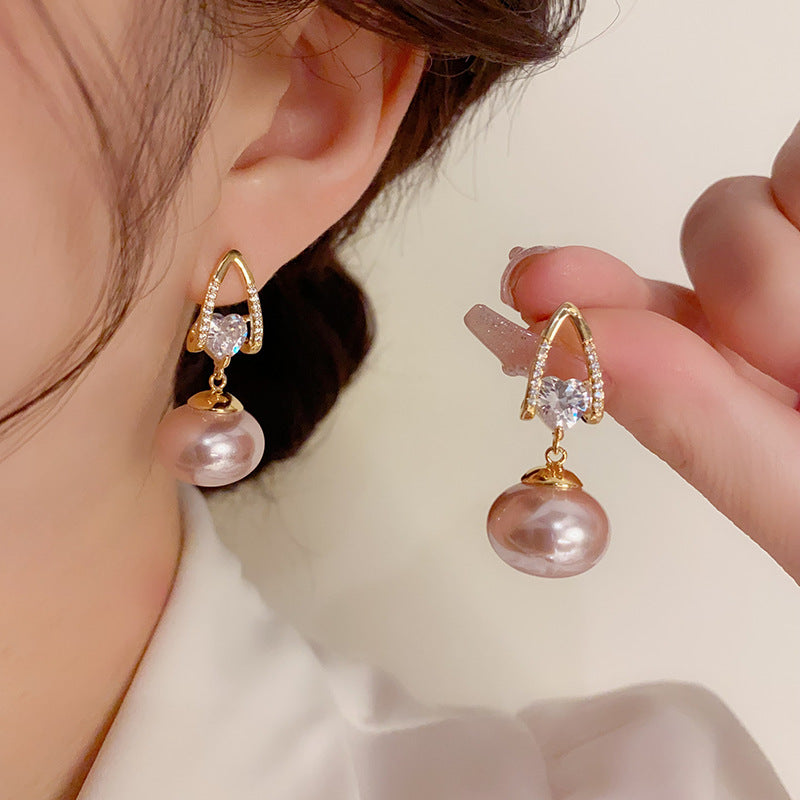 Exquisite pearl heart-shaped zircon earrings s925 silver needle fashionable temperament jewelry, internet famous earrings