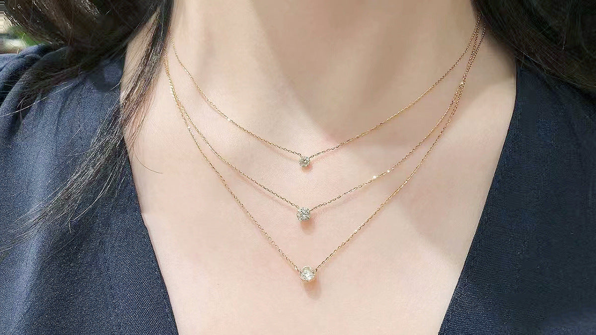 Agete simple round claw free diamond necklace 925 sterling silver gold-plated 10/20/30 layered collarbone chain