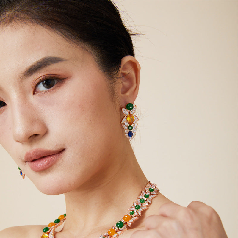 New Secret Garden Earrings Gold Plated with Pear shaped Yellow Diamonds, High Grade Flower Cluster Earrings