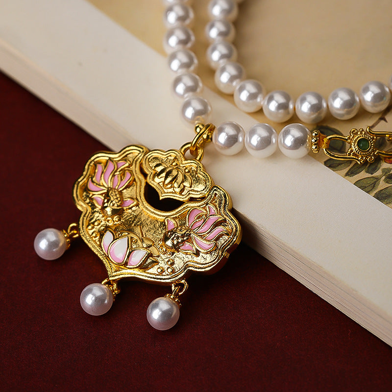 Shi Jiabei Pearl, Ancient Style, Blue Color, Ruyi Lock Pendant, Sand Gold Accessories, Necklace, Pearl Necklace