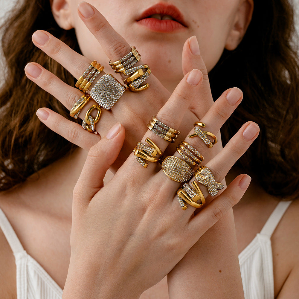 European and American Instagram influencer's multi-layer ring plated with 18K gold and inlaid with rhinestones, the ring will not fade