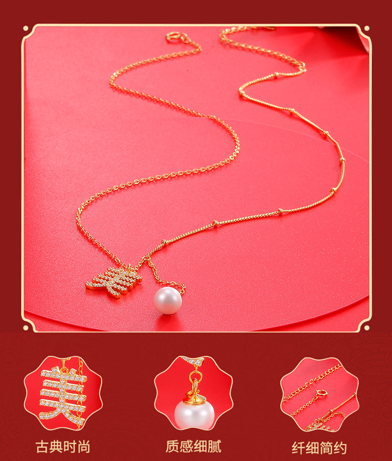 S925 silver "beauty" necklace, silver gold-plated natural pearl tassel pendant, collarbone chain