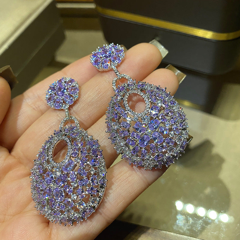 Retro round purple diamond inlaid earrings, fashionable and versatile earrings, silver needle earrings