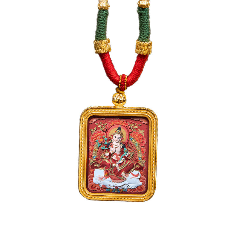 Green Tara Zakhilam Fifth Master's Past and Present Lives Necklace Hand drawn Tangka Brass Necklace
