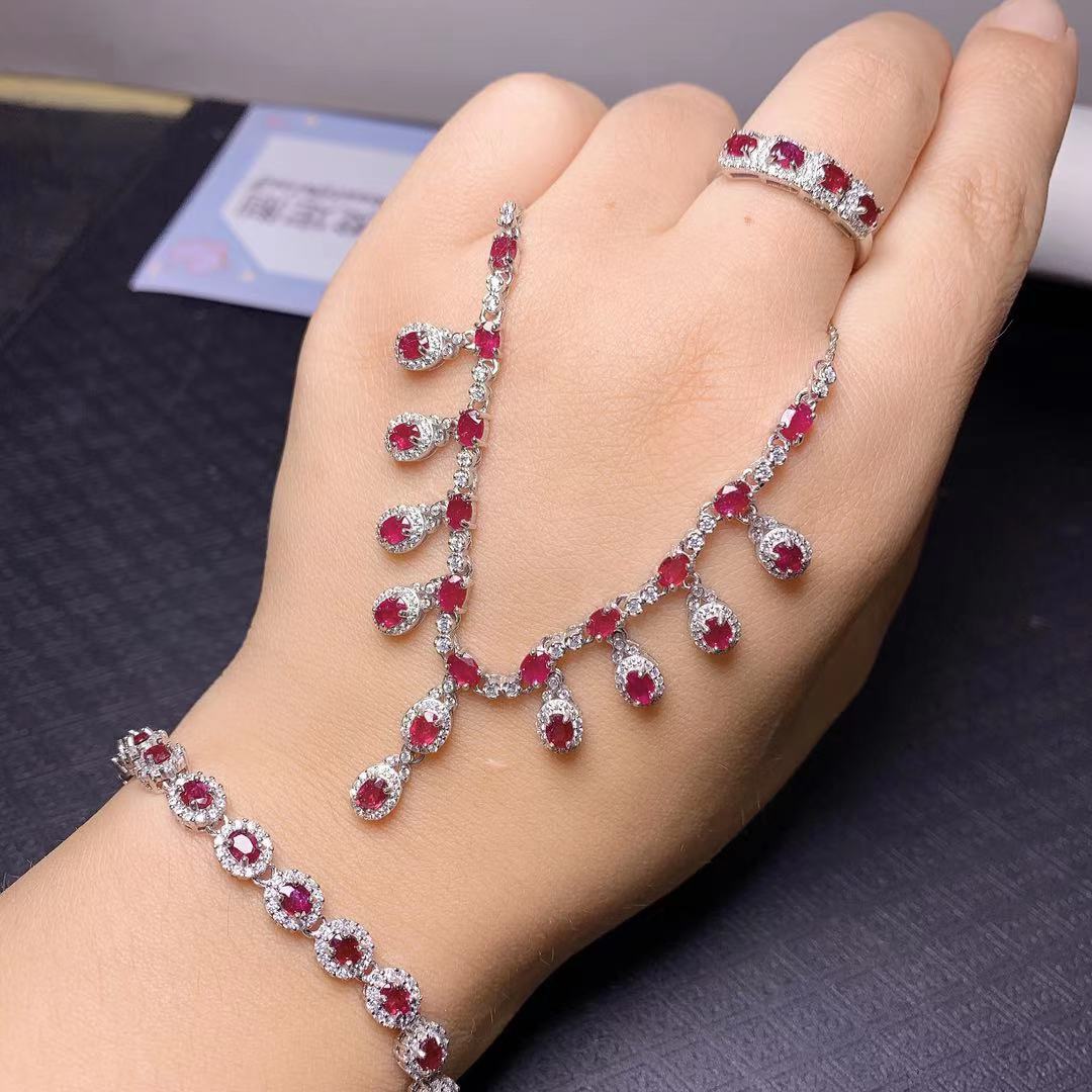Natural Pigeon Blood Ruby Set Full Body 925 Silver Inlaid Charm Color Gemstone Jewelry