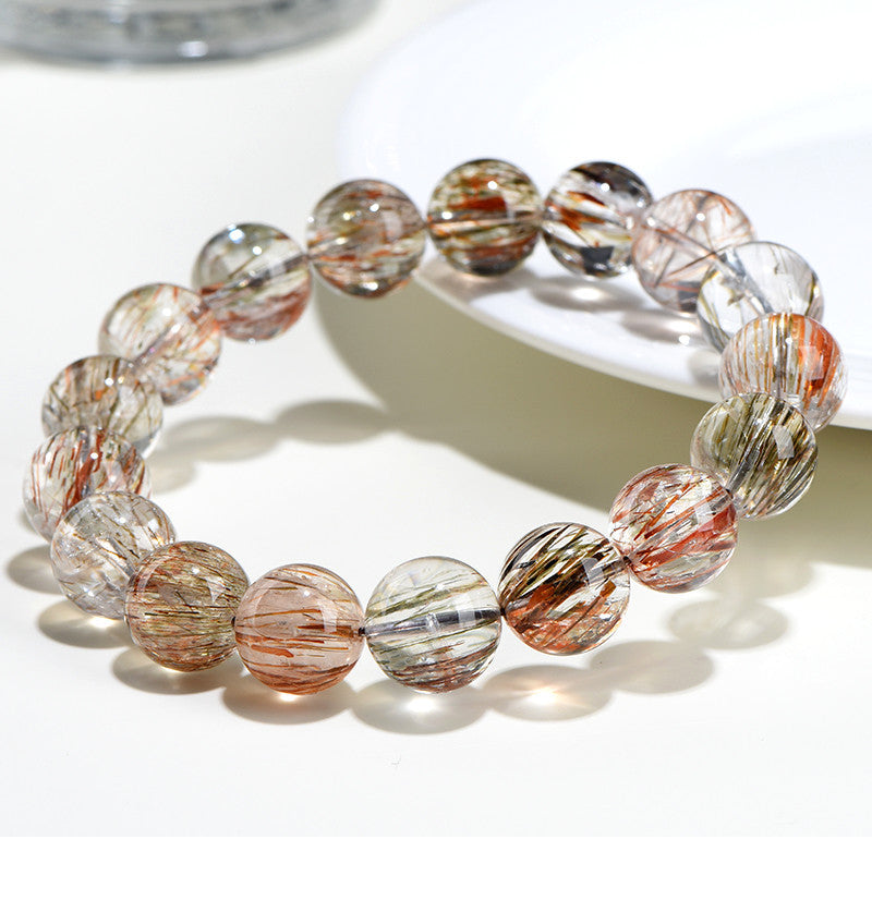 Jiuya Crystal Natural 7A Grade Straight Hair Black Gold Super Seven Round Bead Bracelet