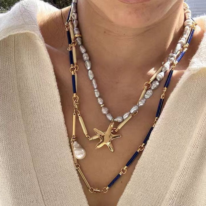 Summer vacation style blue starfish necklace, women's commuting bamboo necklace, simple and versatile, imitation Baroque pearl pendant